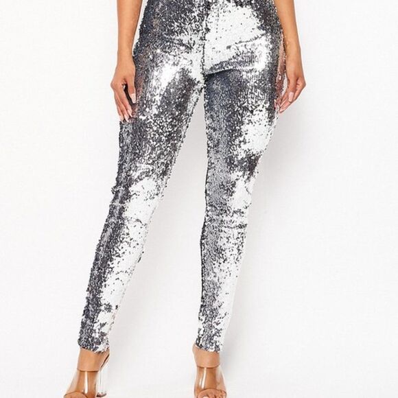 SILVER HOLIDAY SEQUIN PANTS - Picture 1 of 8